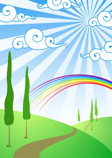Fundo com nuvens e um arco-íris — Vetor de Stock
