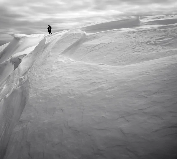 Der Tourist auf dem Gipfel des Schneeberges — Stockfoto