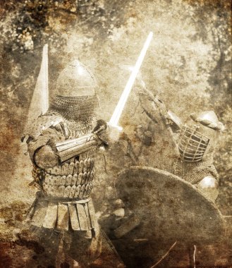 Knight fight. Photo in old image style. clipart