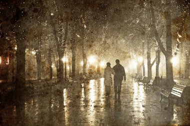 Couple walking at alley in night lights. Photo in old image style. clipart