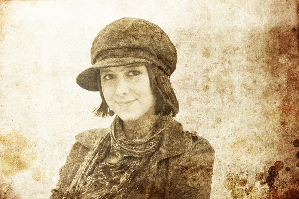 Porträtt vacker flicka med halsduk. Foto i gammal bild stil. — Stockfoto