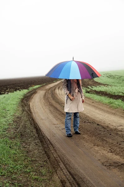 Girl with umbrella at field. — Stock Photo, Image