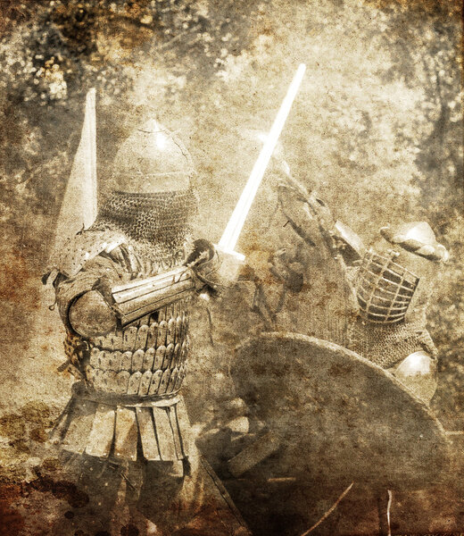 Knight fight. Photo in old image style.