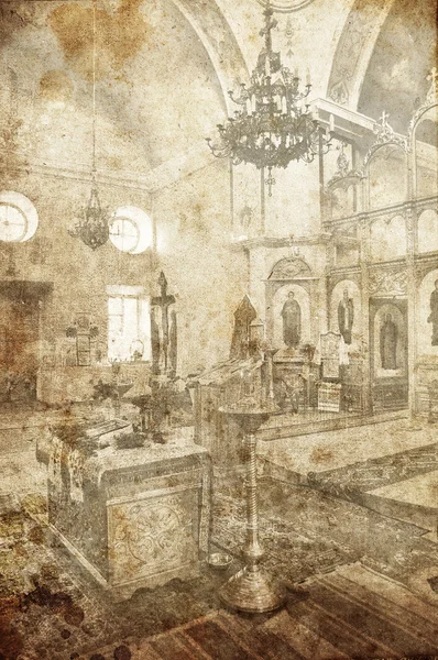 Interior in church. Photo in old image style. — Stock Photo, Image