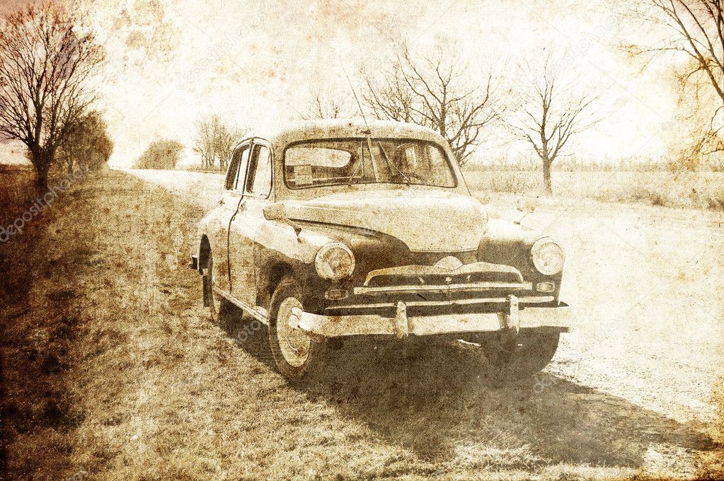 Old classic russian car near road. Photo in old image style.