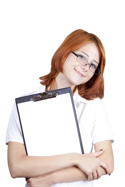 Mladé podnikatelky s bílým plán desky. — Stock fotografie
