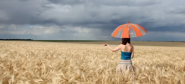 Meisje met paraplu op veld. panoramische foto. — Stockfoto