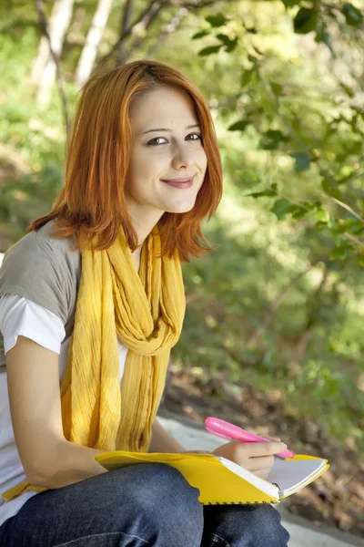 Roodharige student meisje met laptop zit op buiten. — Stockfoto