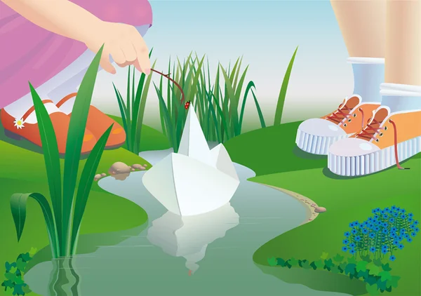 Les enfants commencent un bateau en papier sur un ruisseau . — Image vectorielle