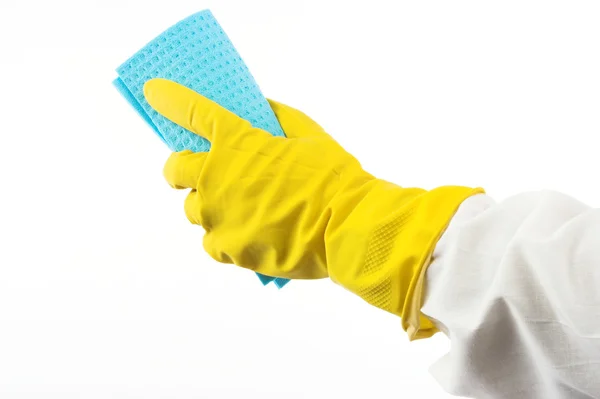 Main en gant jaune avec éponge , — Photo