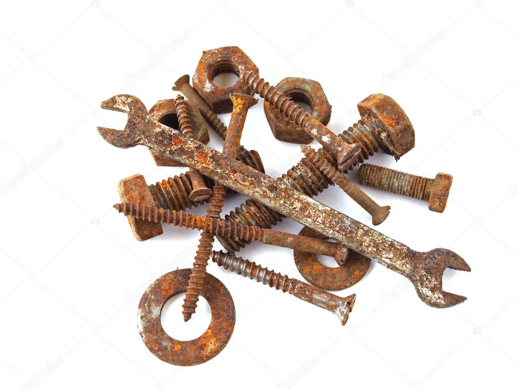 Rusty nuts, bolts, screws and spanner