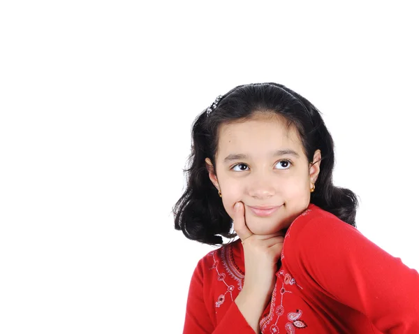 Vértes portré egy boldog fiatal lány mosolyogva elszigetelt fehér background — Stock Fotó