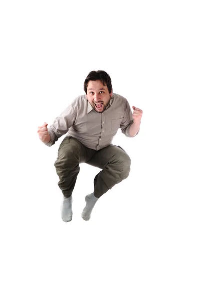 Glücklicher Geschäftsmann, der in die Luft springt. isoliert — Stockfoto