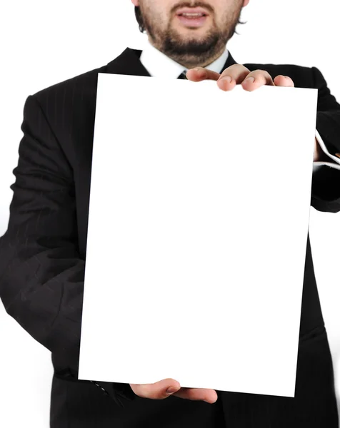 Business man handing a blank business card over white — Stock Photo, Image
