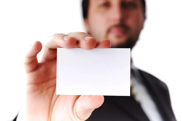 Hombre de negocios entregando una tarjeta de visita en blanco sobre blanco —  Fotos de Stock