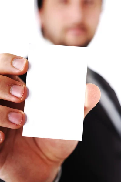Деловой человек вручает белую визитку — стоковое фото