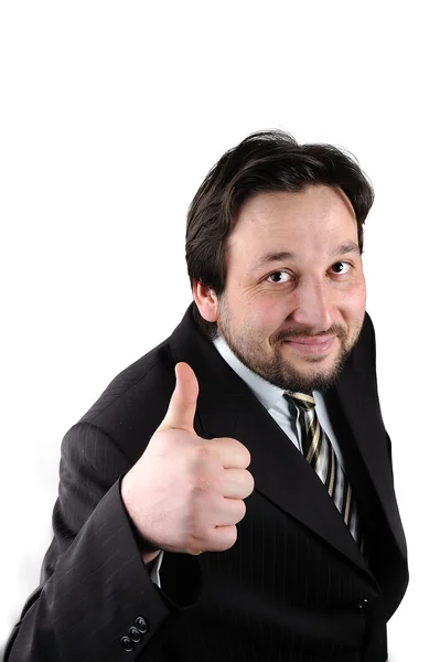 Young businessman showing thumb up over white background — Stock Photo, Image