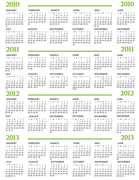 Kalender 2010, 2011, 2012, 2013 — Stockvektor