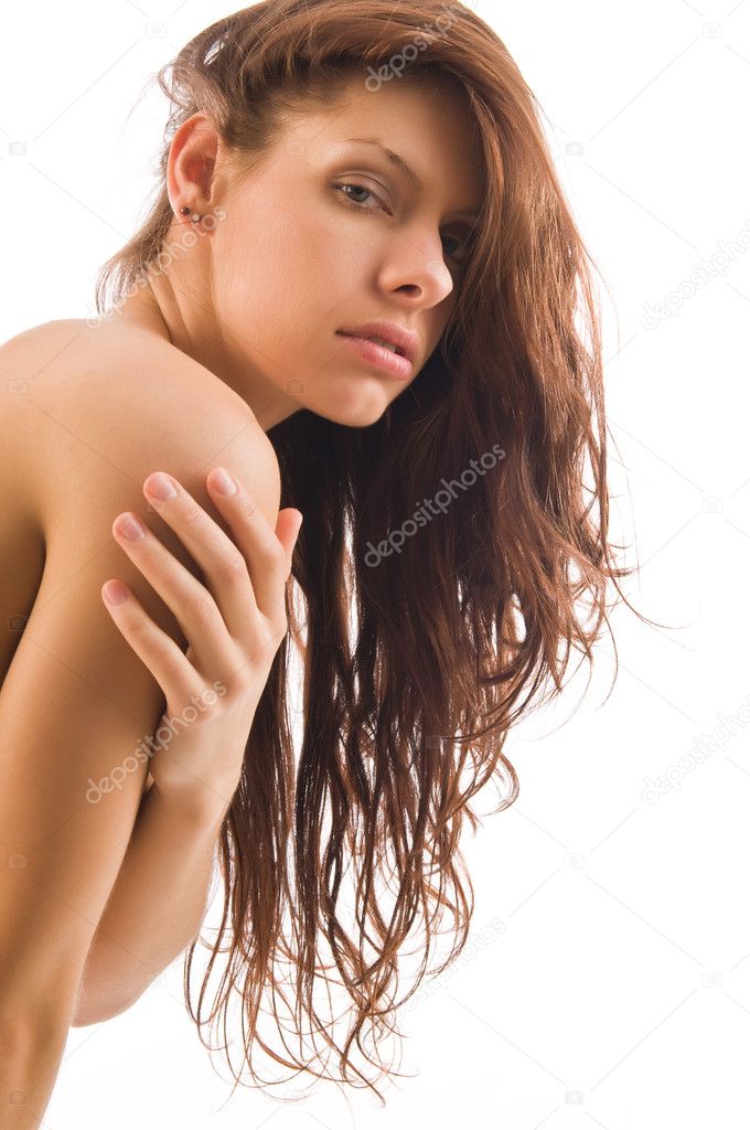 Beautiful Nude Brunette White Backdrop — Stock Photo © disorderly 4644764