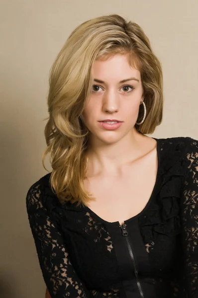 Beautiful Young Blonde Black Lace Dress — Stock Photo, Image