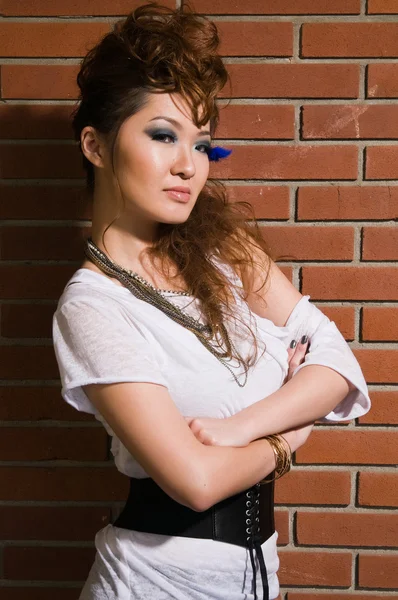 Pretty Asian Woman Front Brick Wall — Stock Photo, Image