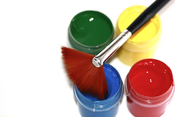 PAINT BRUSH WITH COLOR PAINT BUCKETS — Stock Photo, Image