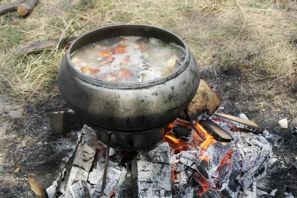 COOK dans le pot sur un feu Image En Vente