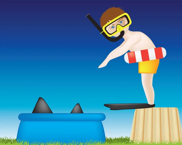 Rapaz mergulhando na piscina de tubarões — Vetor de Stock