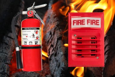 Horn alarm light and fire extinguisher clipart