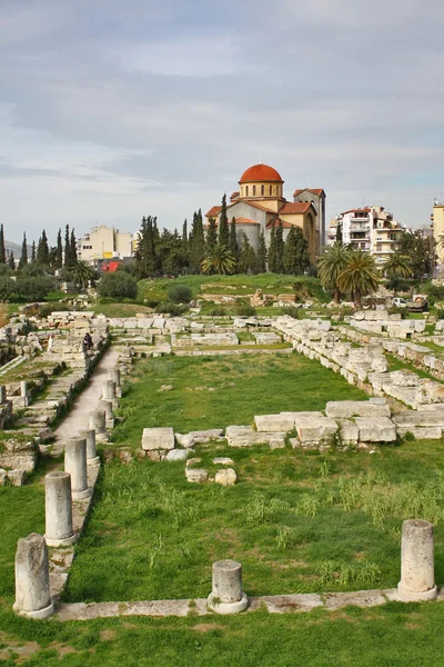 Ruins of Greek ancient cemetery with Holy Trinity Church on back — Stock Photo, Image