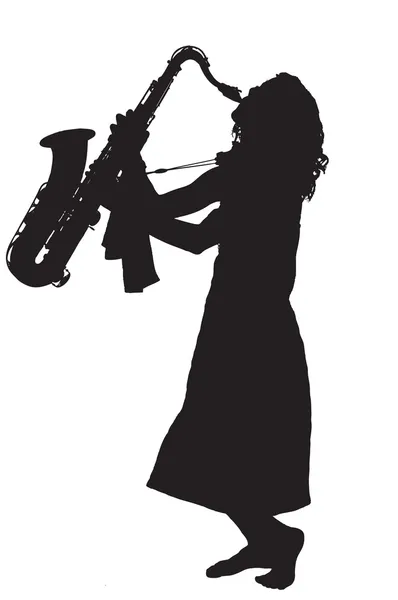 Silhuett av ung kvinna som spelar sax — Stock vektor