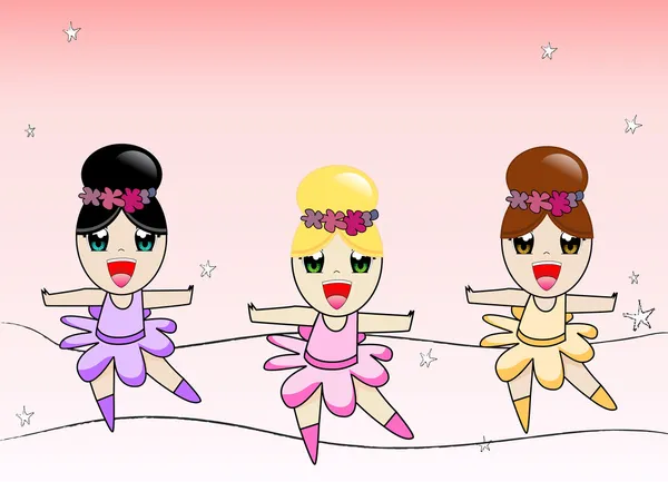 Tres lindas bailarinas sobre fondo rosa — Vector de stock
