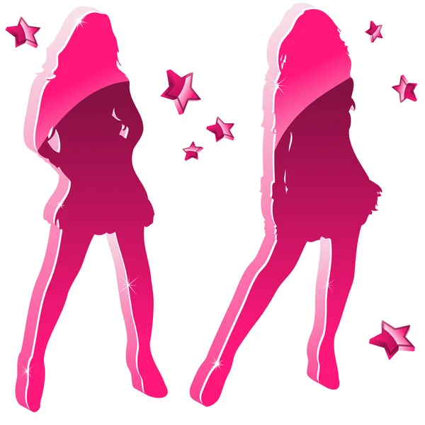 Glänsande rosa kvinnor silhuetter med stjärnor — Stock vektor