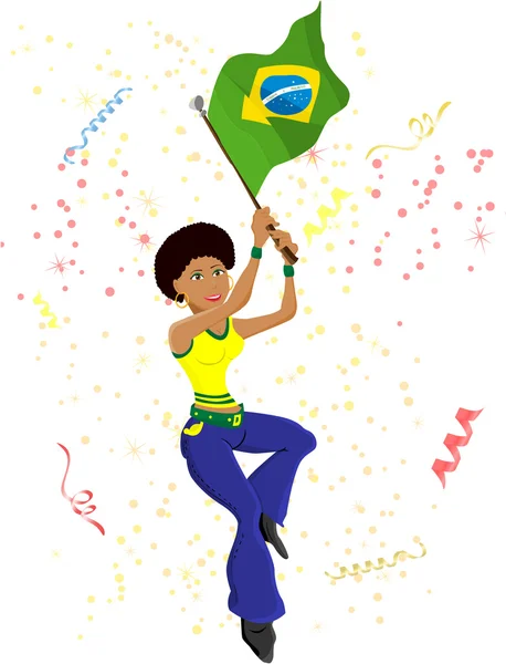 Schwarzes Mädchen brasilianischer Fußballfan mit Fahne. — Stockvektor