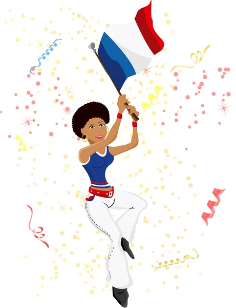 Футбольная фанатка Black Girl France с флагом — стоковый вектор