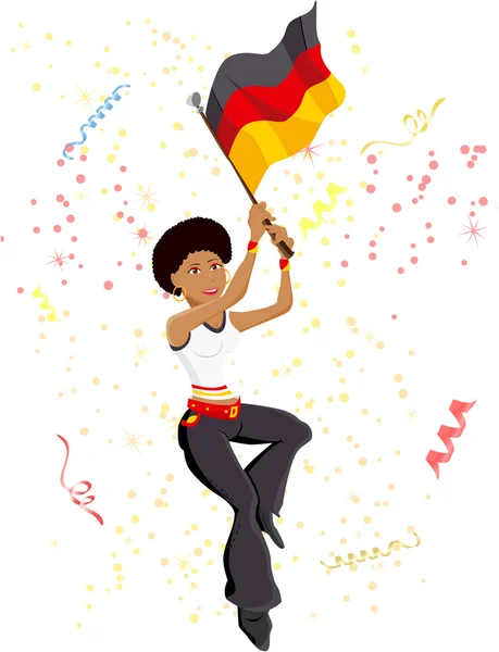 Schwarzes Mädchen deutscher Fußballfan mit Fahne. — Stockvektor