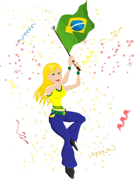 Brasilianischer Fußballfan mit Fahne. — Stockvektor
