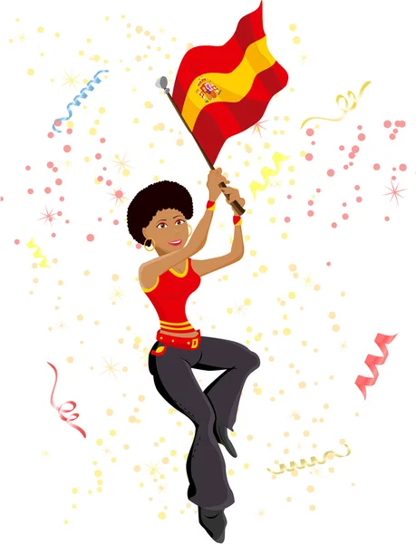 Чорна дівчина Іспанії футбольний фанат з прапором. — стоковий вектор