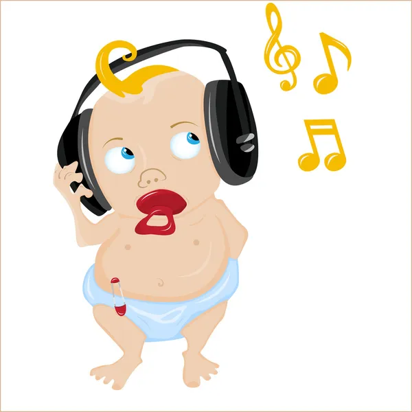 Cute Baby Escuchando algo de música . — Vector de stock