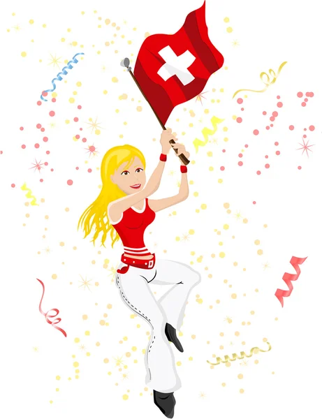 Zwitserland voetbal fan met vlag. — Stockvector