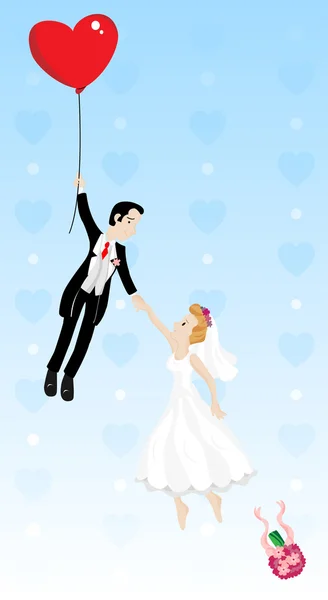 Una pareja casada volando con un globo en forma de corazón — Vector de stock