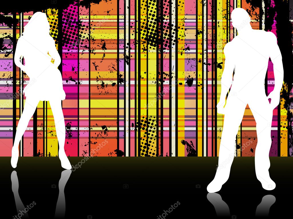 Sexy couple silhouettes in front of striped background.