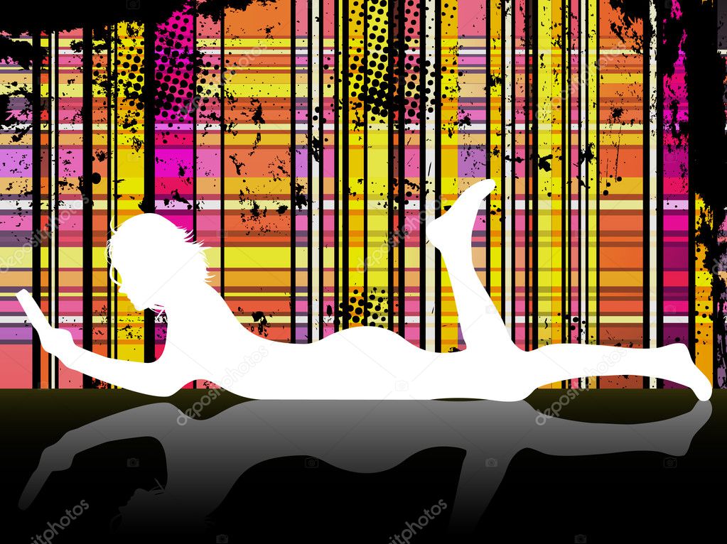 Silhouette of girl reading laying on the floor.