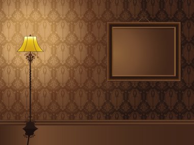 Vintage Frame hanging on wall with antique lamp. clipart