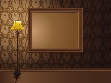 Vintage Frame hanging on wall with antique lamp. clipart