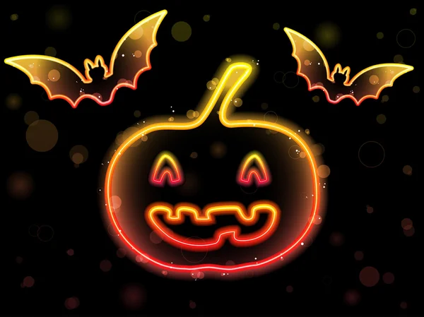 Halloween fond néon avec citrouille et chauves-souris — Image vectorielle