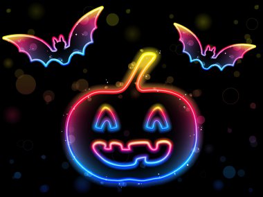 Halloween Neon Background with Pumpkin and Bats clipart