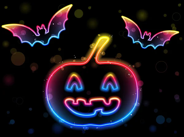 Halloween Neon sfondo con zucca e pipistrelli — Vettoriale Stock
