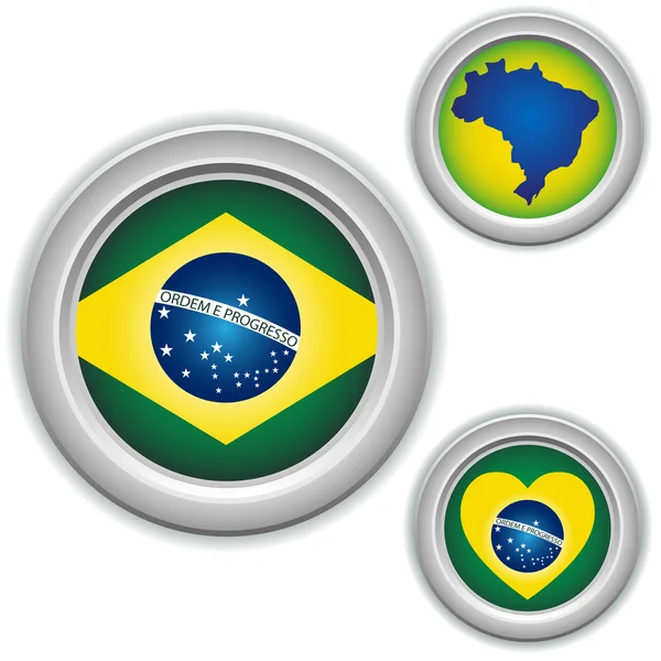 Brasil Botones con corazón, mapa y bandera — Vector de stock