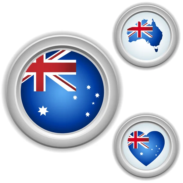 Austrália Botões com coração, mapa e bandeira —  Vetores de Stock